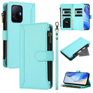 For Xiaomi 11T / 11T Pro Magnetic Closure 9 Card Slots Zipper Leather Case with Hand Strap(Mint Green)
