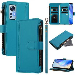 For Xiaomi 12 / 12X / 12S Magnetic Closure 9 Card Slots Zipper Leather Case with Hand Strap(Turquoise)