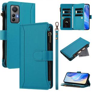 For Xiaomi 12 Lite Magnetic Closure 9 Card Slots Zipper Leather Case with Hand Strap(Turquoise)