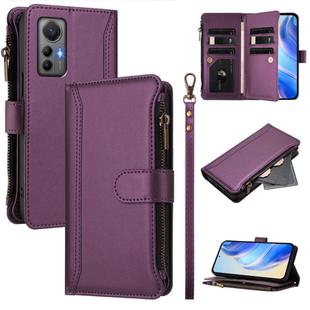 For Xiaomi 12 Lite Magnetic Closure 9 Card Slots Zipper Leather Case with Hand Strap(Purple)