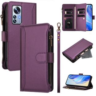 For Xiaomi 12 Pro / 12S Pro Magnetic Closure 9 Card Slots Zipper Leather Case with Hand Strap(Purple)