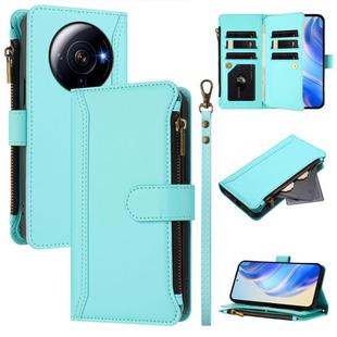 For Xiaomi 12S Ultra Magnetic Closure 9 Card Slots Zipper Leather Case with Hand Strap(Mint Green)