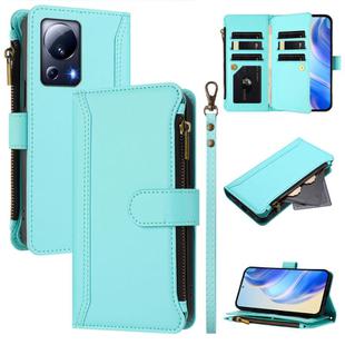 For Xiaomi 13 Lite / Civi 2 Magnetic Closure 9 Card Slots Zipper Leather Case with Hand Strap(Mint Green)