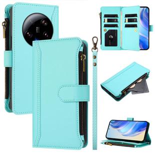 For Xiaomi 13 Ultra Magnetic Closure 9 Card Slots Zipper Leather Case with Hand Strap(Mint Green)