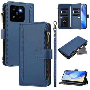For Xiaomi 14 Pro Magnetic Closure 9 Card Slots Zipper Leather Case with Hand Strap(Dark Blue)