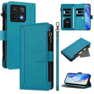 For Xiaomi 14T Magnetic Closure Nine Card Slots Zipper Leather Case with Hand Strap(Turquoise)