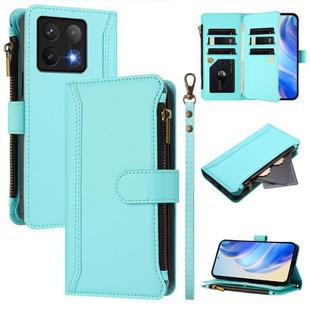 For Xiaomi 14T Magnetic Closure 9 Card Slots Zipper Leather Case with Hand Strap(Mint Green)