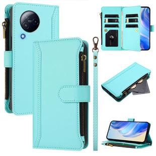 For Xiaomi Civi 3 Magnetic Closure 9 Card Slots Zipper Leather Case with Hand Strap(Mint Green)