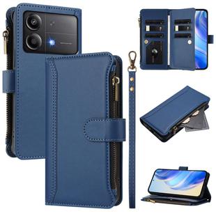 For Xiaomi Poco X6 Neo Magnetic Closure 9 Card Slots Zipper Leather Case with Hand Strap(Dark Blue)