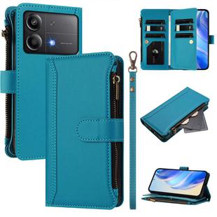 For Xiaomi Poco X6 Neo Magnetic Closure 9 Card Slots Zipper Leather Case with Hand Strap(Turquoise)