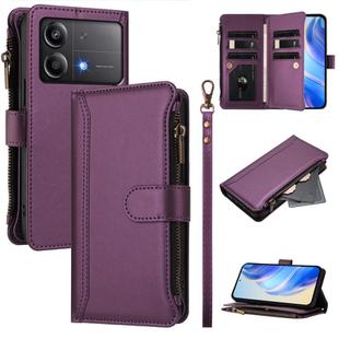 For Xiaomi Poco X6 Neo Magnetic Closure 9 Card Slots Zipper Leather Case with Hand Strap(Purple)
