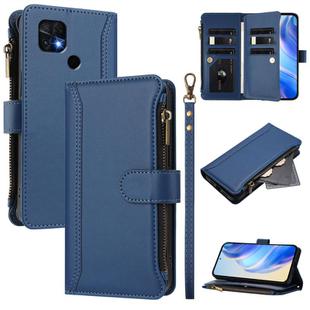 For Xiaomi Poco C40 / Redmi 10C Magnetic Closure 9 Card Slots Zipper Leather Case with Hand Strap(Dark Blue)