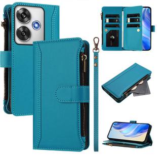 For Xiaomi Poco F6 Magnetic Closure 9 Card Slots Zipper Leather Case with Hand Strap(Turquoise)