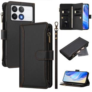 For Xiaomi Poco F6 Pro Magnetic Closure 9 Card Slots Zipper Leather Case with Hand Strap(Black)