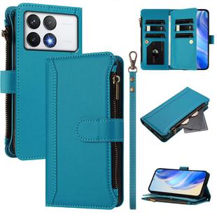 For Xiaomi Poco F6 Pro Magnetic Closure 9 Card Slots Zipper Leather Case with Hand Strap(Turquoise)