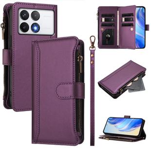 For Xiaomi Poco F6 Pro Magnetic Closure 9 Card Slots Zipper Leather Case with Hand Strap(Purple)