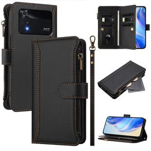 For Xiaomi Poco M4 Pro 4G Magnetic Closure 9 Card Slots Zipper Leather Case with Hand Strap(Black)