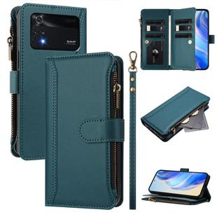For Xiaomi Poco M4 Pro 4G Magnetic Closure 9 Card Slots Zipper Leather Case with Hand Strap(Dark Green)