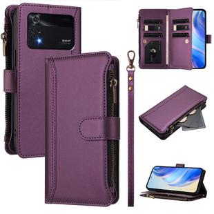 For Xiaomi Poco M4 Pro 4G Magnetic Closure 9 Card Slots Zipper Leather Case with Hand Strap(Purple)