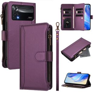 For Xiaomi Poco X4 Pro 5G Magnetic Closure 9 Card Slots Zipper Leather Case with Hand Strap(Purple)