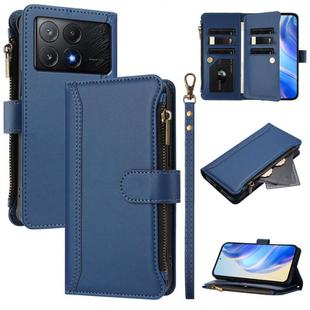 For Xiaomi Poco X6 Pro Magnetic Closure 9 Card Slots Zipper Leather Case with Hand Strap(Dark Blue)
