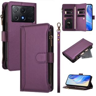 For Xiaomi Poco X6 Pro Magnetic Closure 9 Card Slots Zipper Leather Case with Hand Strap(Purple)