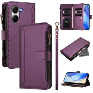 For Xiaomi Poco X7 Pro Magnetic Closure 9 Card Slots Zipper Leather Case with Hand Strap(Purple)