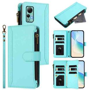 For Ulefone Note 14 Magnetic Closure 9 Card Slots Zipper Leather Case with Hand Strap(Mint Green)