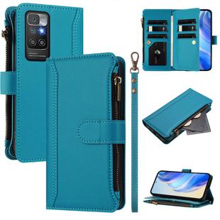For Redmi 10 4G / 10 2022 Magnetic Closure 9 Card Slots Zipper Leather Case with Hand Strap(Turquoise)