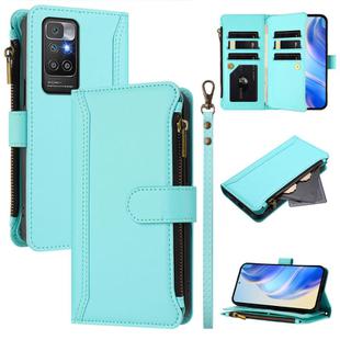 For Redmi 10 4G / 10 2022 Magnetic Closure 9 Card Slots Zipper Leather Case with Hand Strap(Mint Green)
