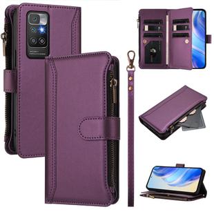 For Redmi 10 4G / 10 2022 Magnetic Closure Nine Card Slots Zipper Leather Case with Hand Strap(Purple)