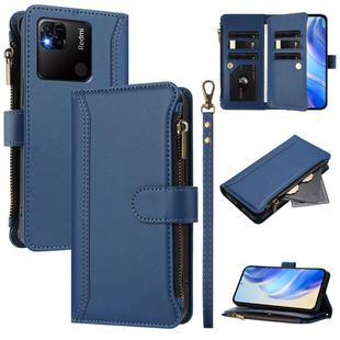 For Redmi 10A / 9C Magnetic Closure 9 Card Slots Zipper Leather Case with Hand Strap(Dark Blue)