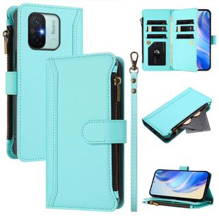 For Redmi 11A 4G / Xiaomi Poco C55 Magnetic Closure 9 Card Slots Zipper Leather Case with Hand Strap(Mint Green)
