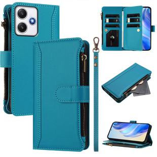 For Redmi 12 4G / 5G / Note 12R Magnetic Closure 9 Card Slots Zipper Leather Case with Hand Strap(Turquoise)