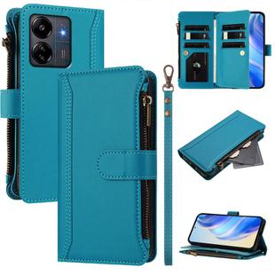 For Redmi 13C 5G / 4G / Poco C65 Magnetic Closure 9 Card Slots Zipper Leather Case with Hand Strap(Turquoise)
