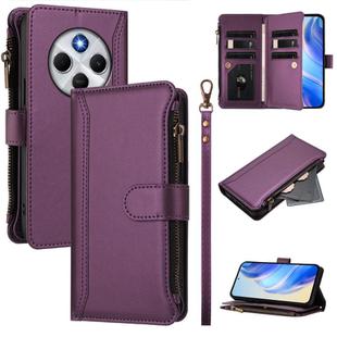 For Redmi 14C 4G / 14R 5G / A3 Pro Magnetic Closure Nine Card Slots Zipper Leather Case with Hand Strap(Purple)