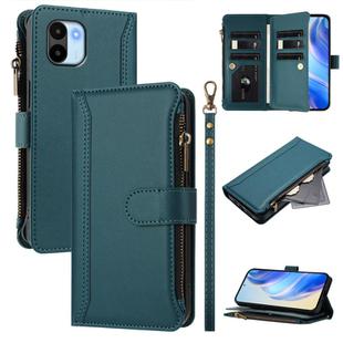 For Redmi A1 / A2 Magnetic Closure 9 Card Slots Zipper Leather Case with Hand Strap(Dark Green)