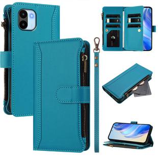 For Redmi A1 / A2 Magnetic Closure 9 Card Slots Zipper Leather Case with Hand Strap(Turquoise)