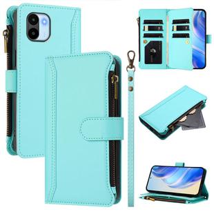 For Redmi A1 / A2 Magnetic Closure 9 Card Slots Zipper Leather Case with Hand Strap(Mint Green)