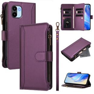 For Redmi A1 / A2 Magnetic Closure 9 Card Slots Zipper Leather Case with Hand Strap(Purple)