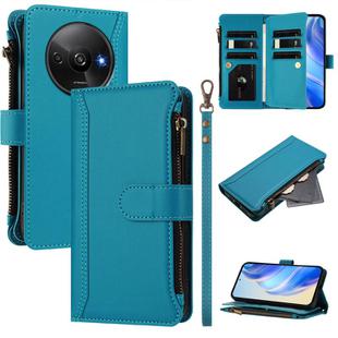 For Redmi A3 / A3x / Poco C61 Magnetic Closure Nine Card Slots Zipper Leather Case with Hand Strap(Turquoise)