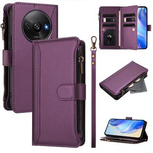 For Redmi A3 / A3x / Poco C61 Magnetic Closure 9 Card Slots Zipper Leather Case with Hand Strap(Purple)