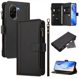 For Redmi A5 4G 171.7mm / Poco C71 Magnetic Closure Nine Card Slots Zipper Leather Case with Hand Strap(Black)