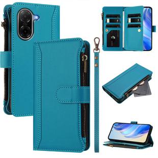 For Redmi A5 4G 171.7mm / Poco C71 Magnetic Closure 9 Card Slots Zipper Leather Case with Hand Strap(Turquoise)