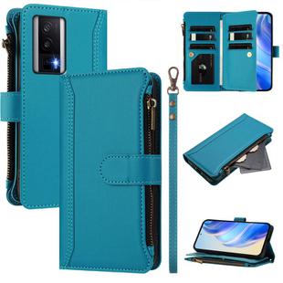 For Redmi K60 / K60 Pro / Poco F5 Pro Magnetic Closure 9 Card Slots Zipper Leather Case with Hand Strap(Turquoise)