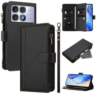 For Redmi K70 Ultra Magnetic Closure 9 Card Slots Zipper Leather Case with Hand Strap(Black)