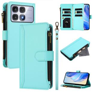 For Redmi K70 Ultra Magnetic Closure 9 Card Slots Zipper Leather Case with Hand Strap(Mint Green)