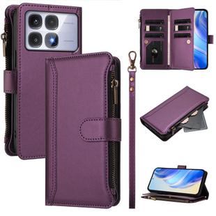 For Redmi K70 Ultra Magnetic Closure 9 Card Slots Zipper Leather Case with Hand Strap(Purple)
