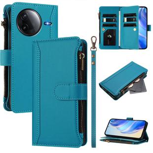 For Redmi K80 / K80 Pro Magnetic Closure Nine Card Slots Zipper Leather Case with Hand Strap(Turquoise)