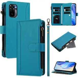 For Redmi Note 10 4G / Note 10S / Poco M5s Magnetic Closure 9 Card Slots Zipper Leather Case with Hand Strap(Turquoise)